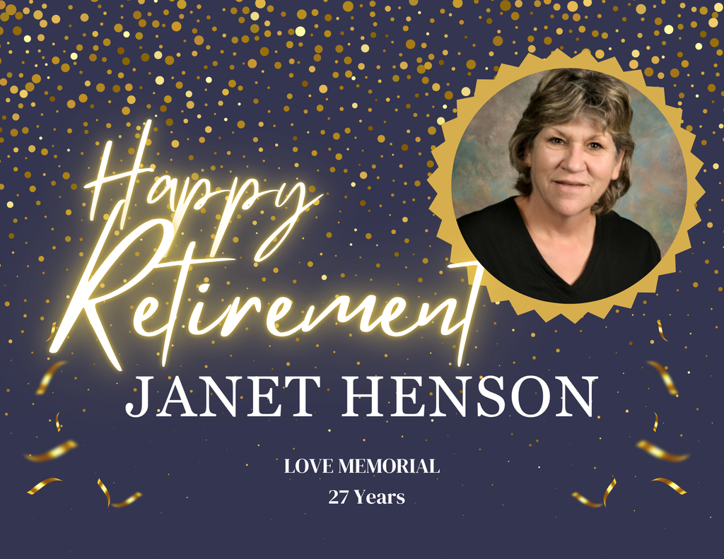 A blue background with gold confetti. A photo of a woman with "Happy Retirement" and "Janet Henson" text.