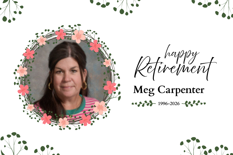 Circular photo of woman surrounded by flowers, text reads "happy Retirement Meg Carpenter 1996-2020" on white background.