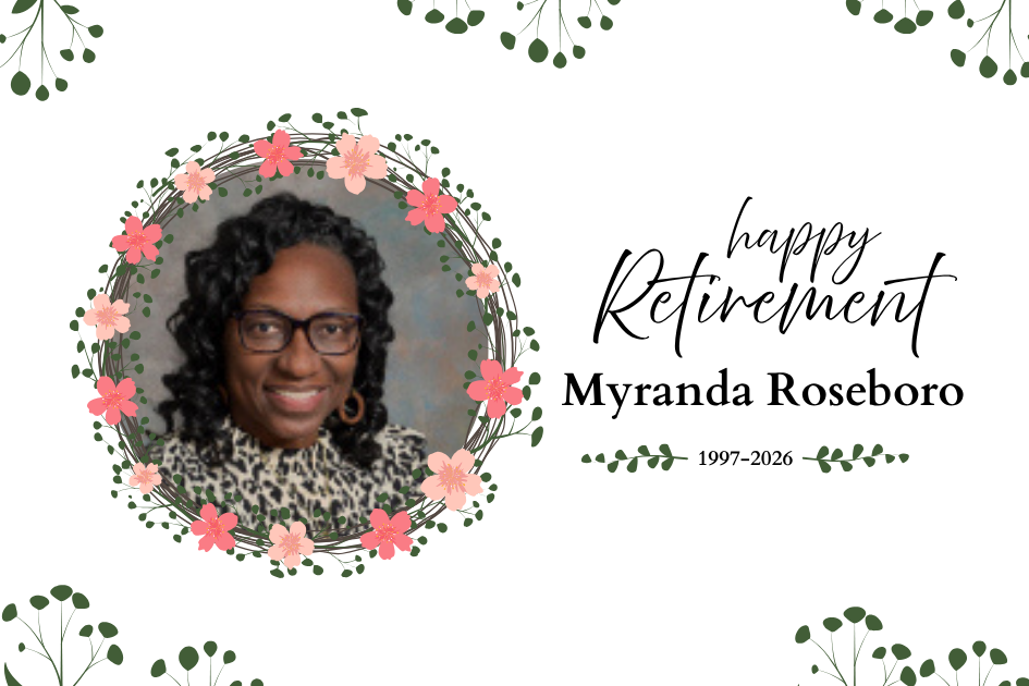 Circular design with woman's photo, text "Happy Retirement Myranda Roseboro 1997-2023", flowers, green leaves.