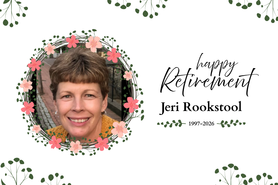 Circular photo of a woman smiling. Text: "happy Retirement Jeri Rookstool 1997-2024". Floral borders.