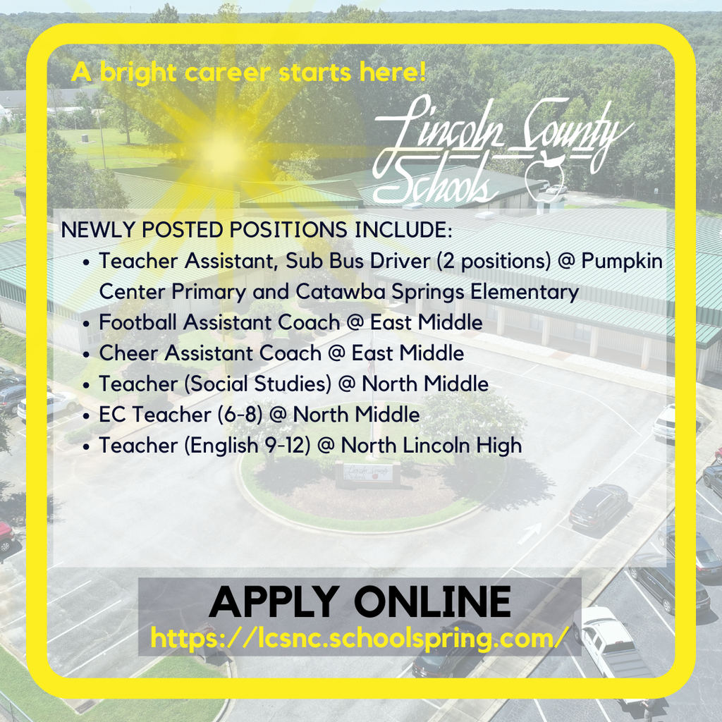 Bright yellow border with job listing. Buildings, trees, and parking lot in background. Positions listed include teacher assistant, bus driver, football coach, cheer coach, and teachers.