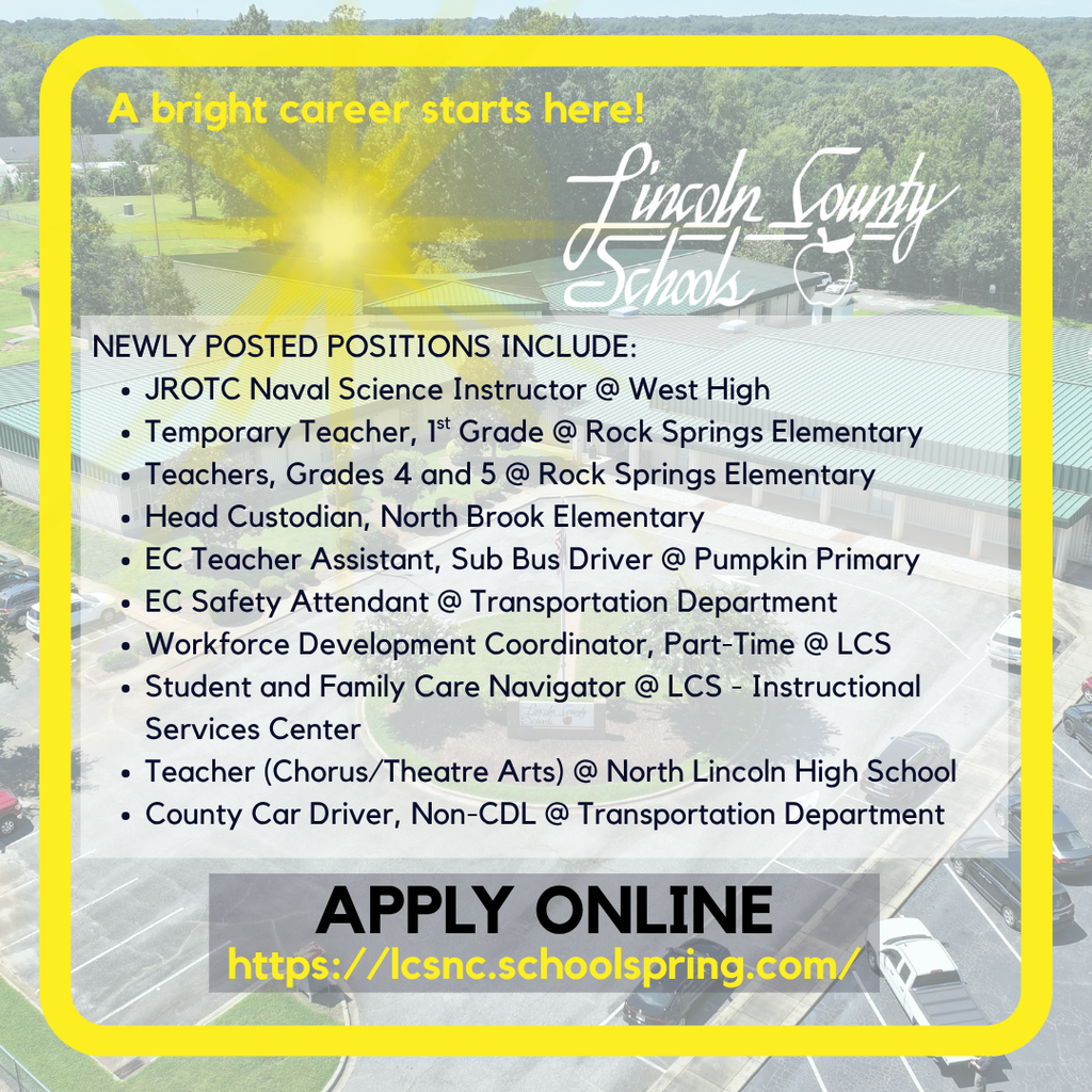 Advertisement for Lincoln County Schools features a bright sun and an overlay of road and greenery. Various positions available are listed.