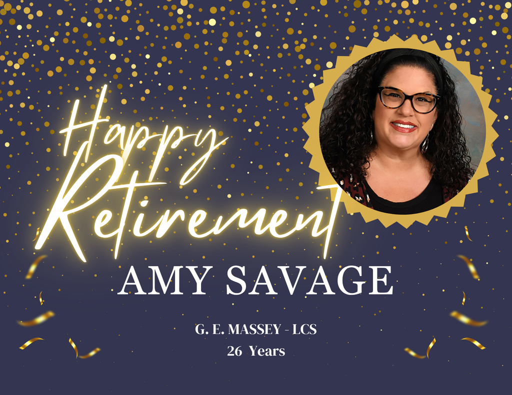 Happy Retirement AMY SAVAGE. G. E. MASSEY - LCS. 26 Years. A dark blue background with gold confetti sparkles and gold ribbons at the bottom. On the right, a circular photo of a smiling woman with long curly dark hair wearing glasses, a black shirt, and a patterned cardigan is framed in a gold serrated badge. The words Happy Retirement are written in a glowing gold cursive font, and AMY SAVAGE is written in white serif capital letters below it.