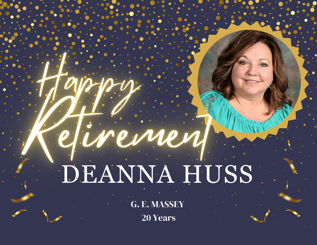 Happy Retirement DEANNA HUSS. G. E. MASSEY. 20 Years. A dark blue background with gold confetti sparkles and gold ribbons at the bottom. On the right, a circular photo of a woman with shoulder-length brown hair wearing a teal blouse is framed in a gold serrated badge. The words Happy Retirement are written in a glowing gold cursive font, and DEANNA HUSS is written in white serif capital letters below it.