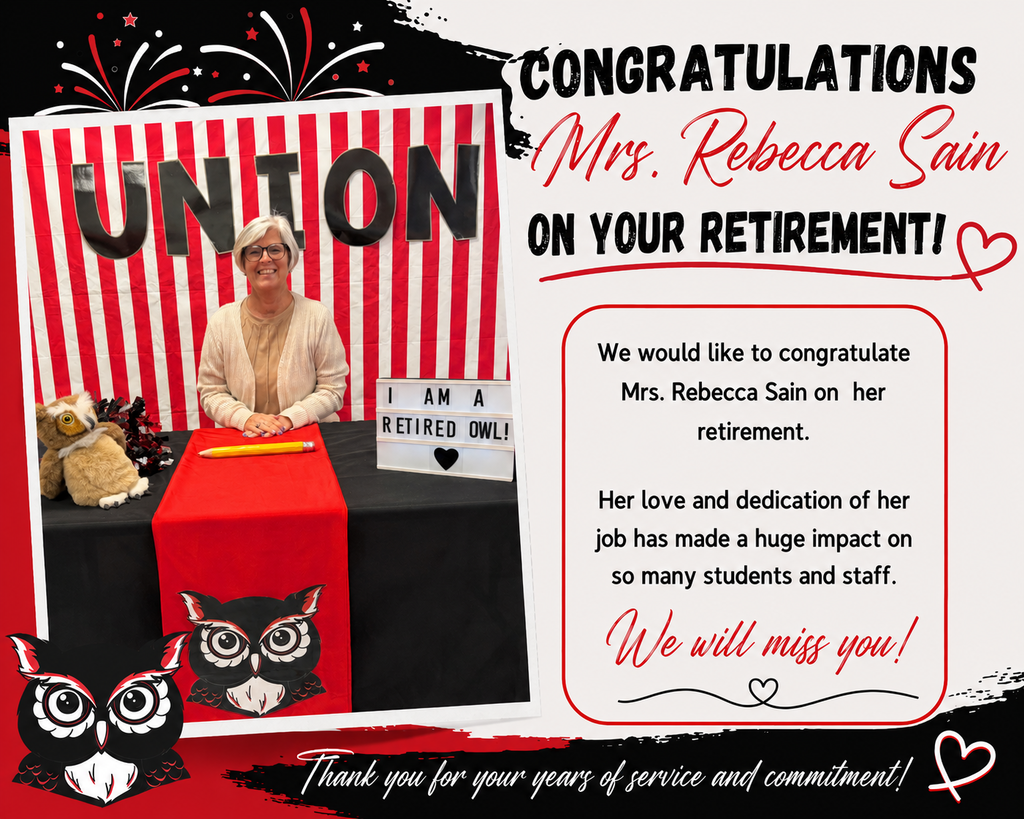 A retirement card features a woman behind a desk with a red backdrop. The card has celebratory text and an owl illustration.
