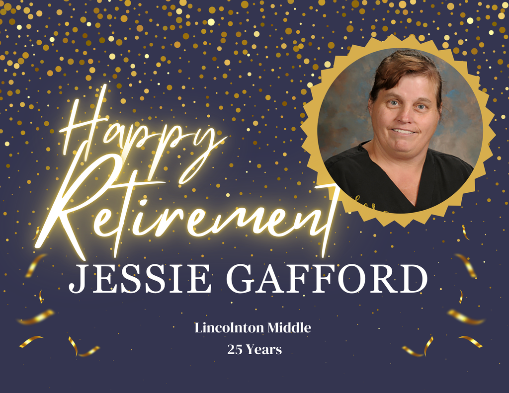 A poster with a blue background and gold confetti celebrates Jessie Gafford's retirement from Lincolnton Middle School, where she worked for 25 years.