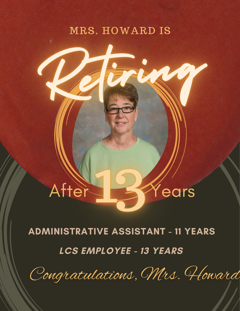 A red background displays a circular photo of a woman in green, glasses, and a message: "Mrs. Howard is retiring after 13 years."