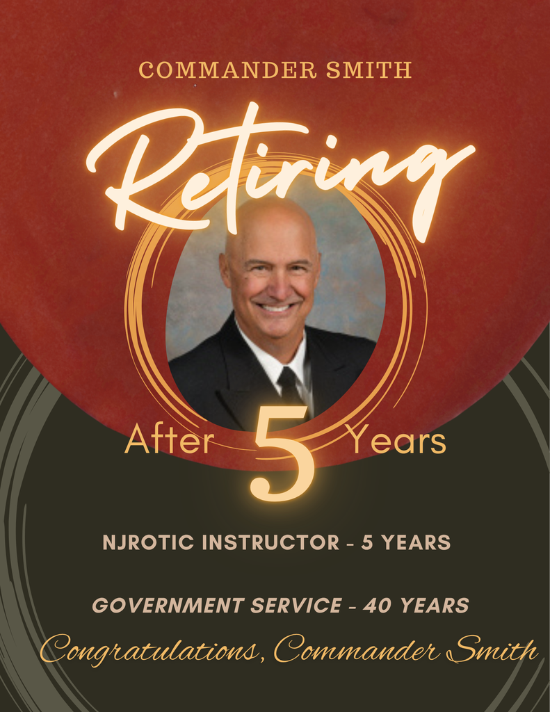 Red and black design with "Retiring" text over a photo of Commander Smith smiling, wearing a suit.