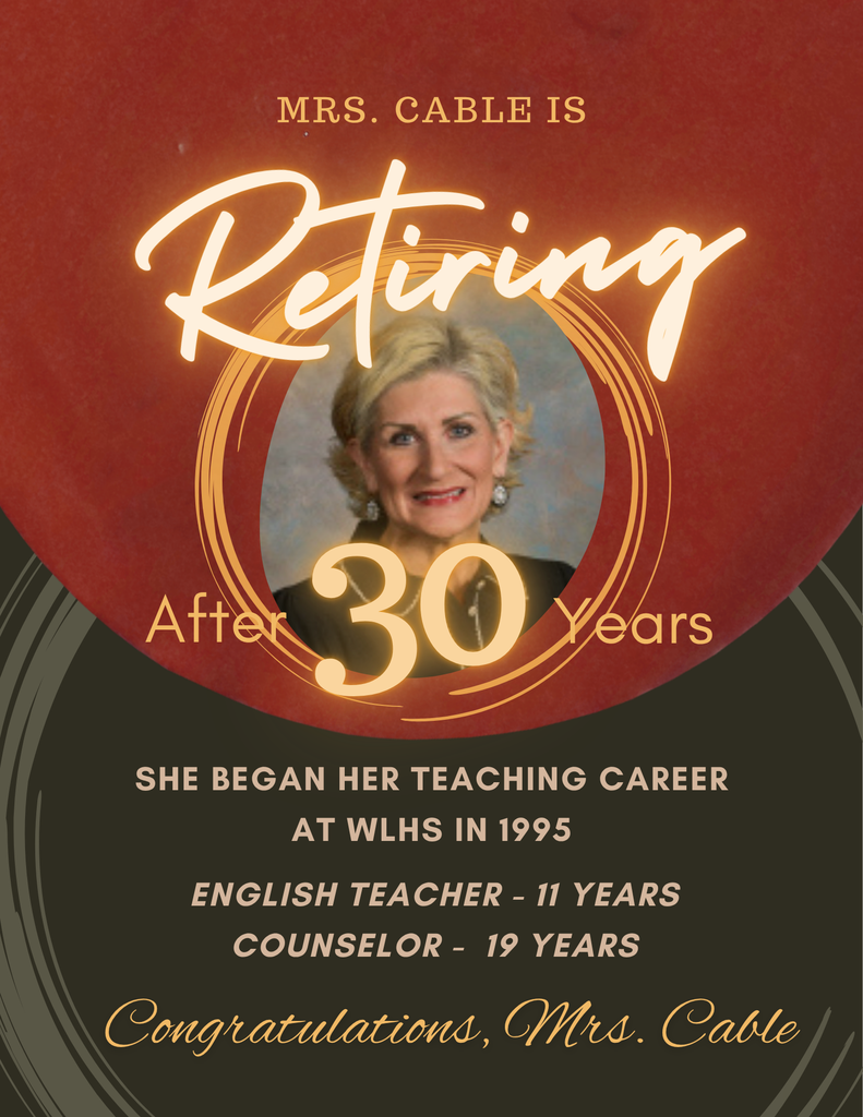 A retirement announcement features a photo of Mrs. Cable, with text stating she is retiring after 30 years.