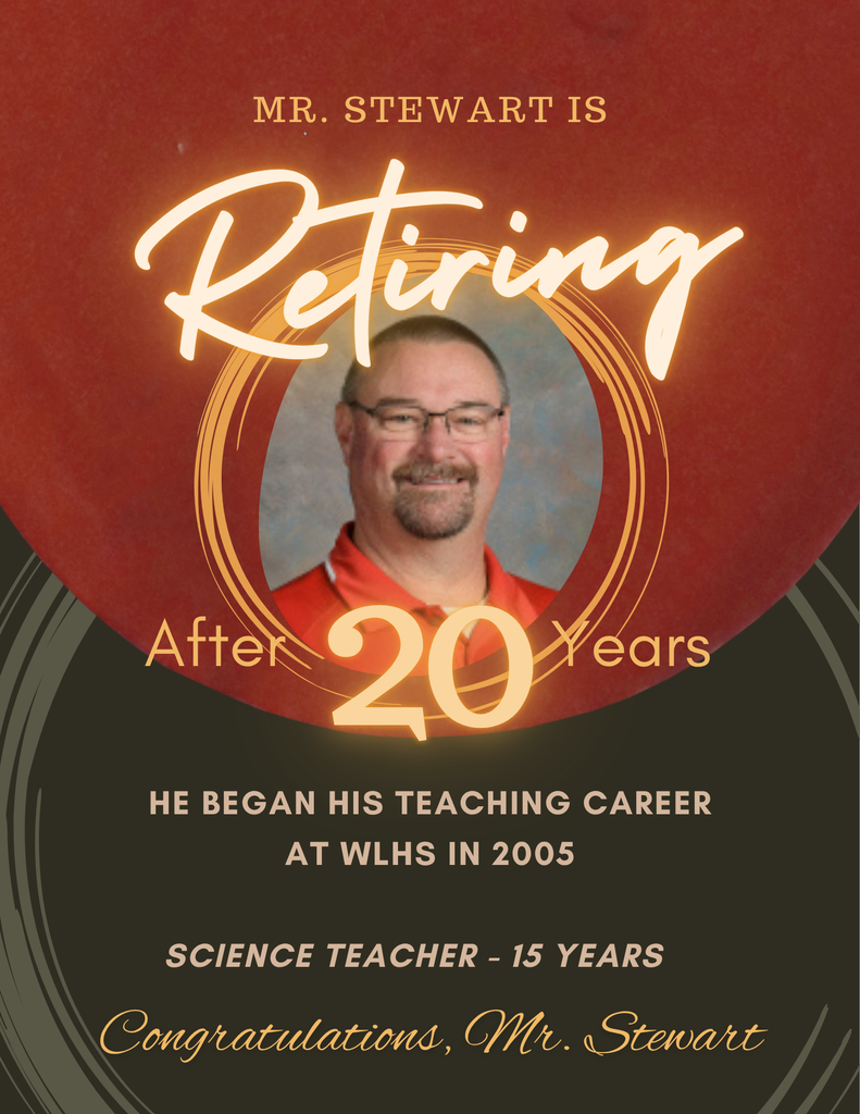Circular announcement with red background. It includes a photo of a man with glasses. Text reads: "Mr. Stewart is retiring after 20 years."