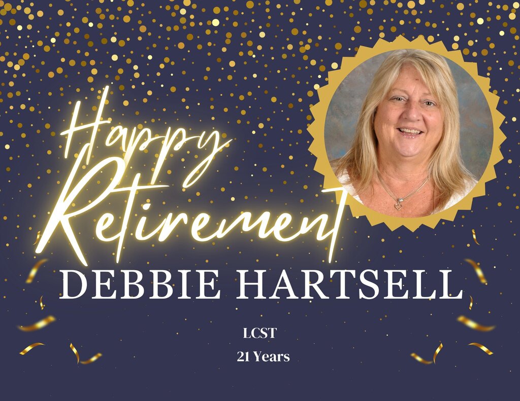 Celebration poster with "Happy Retirement" text and golden confetti. Photo of Debbie Hartsell, a woman with blonde hair.