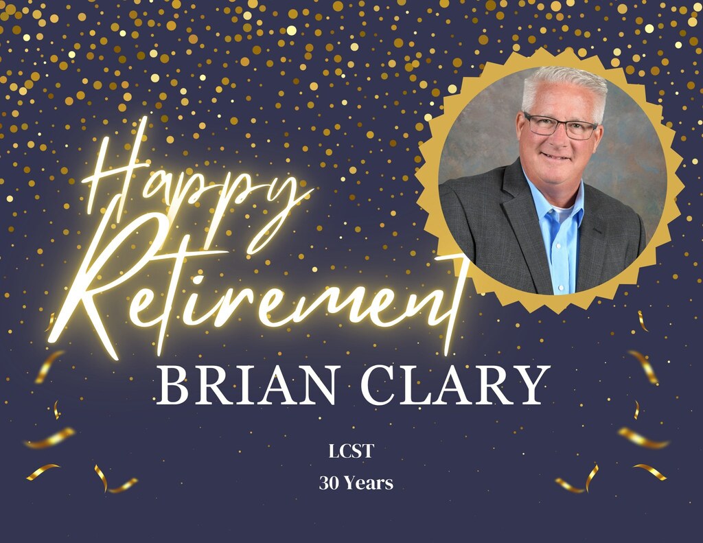A blue and gold-themed card with gold confetti says "Happy Retirement" and features a photo of Mr. Clary.
