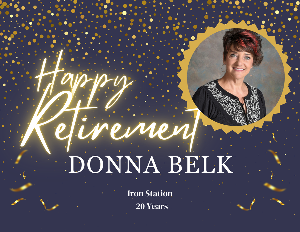 A retirement celebration flyer with a dark blue background decorated with a gradient of sparkling gold confetti at the top and floating gold ribbons at the bottom. On the right side, a circular portrait with a gold serrated border shows a smiling woman, Donna Belk, with short brown hair accented by red highlights, hoop earrings, and a black blouse with white embroidery. The text on the flyer reads: "Happy Retirement DONNA BELK Iron Station 20 Years".