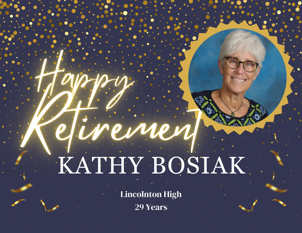 Kathy Bosiak's retirement from Lincolnton High School, 29 years. A photo of Kathy is featured with a gold confetti background.