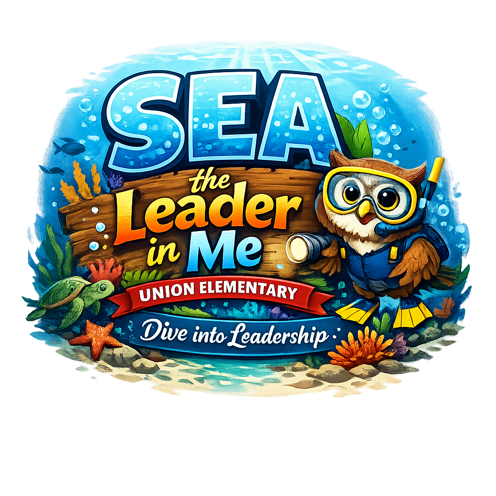 Logo with an owl in a diving suit. Words read, "Sea the Leader in Me." Background is an underwater scene.