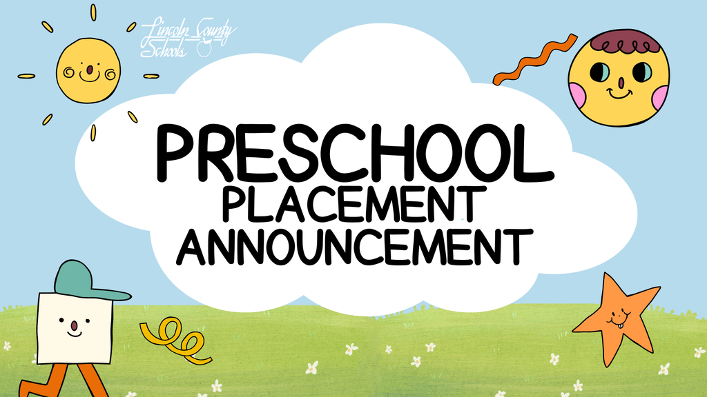 Preschool placement announcement with a cloud, sun, stars, and a smiling character in a grassy field.