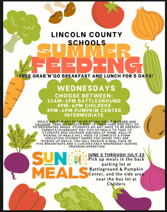 An informational poster with various vegetables and fruits. It reads "Lincoln County Schools Summer Feeding" and "Free grab n'go breakfast and lunch for 5 days!"