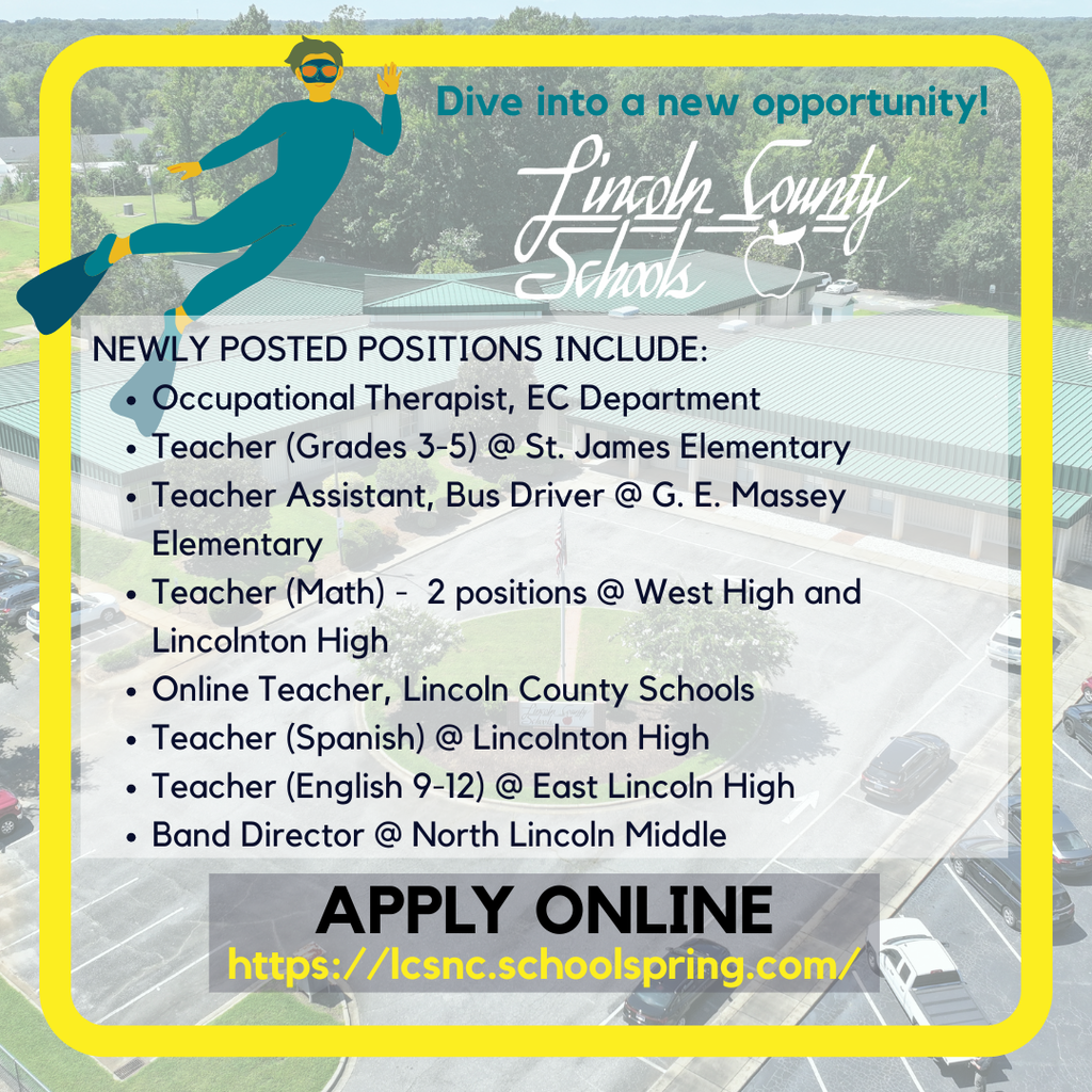 Job opening flyer with a diver image. Positions include therapist, teachers, assistants, bus driver, and more. Apply at https://ncs.schoolsspring.com.