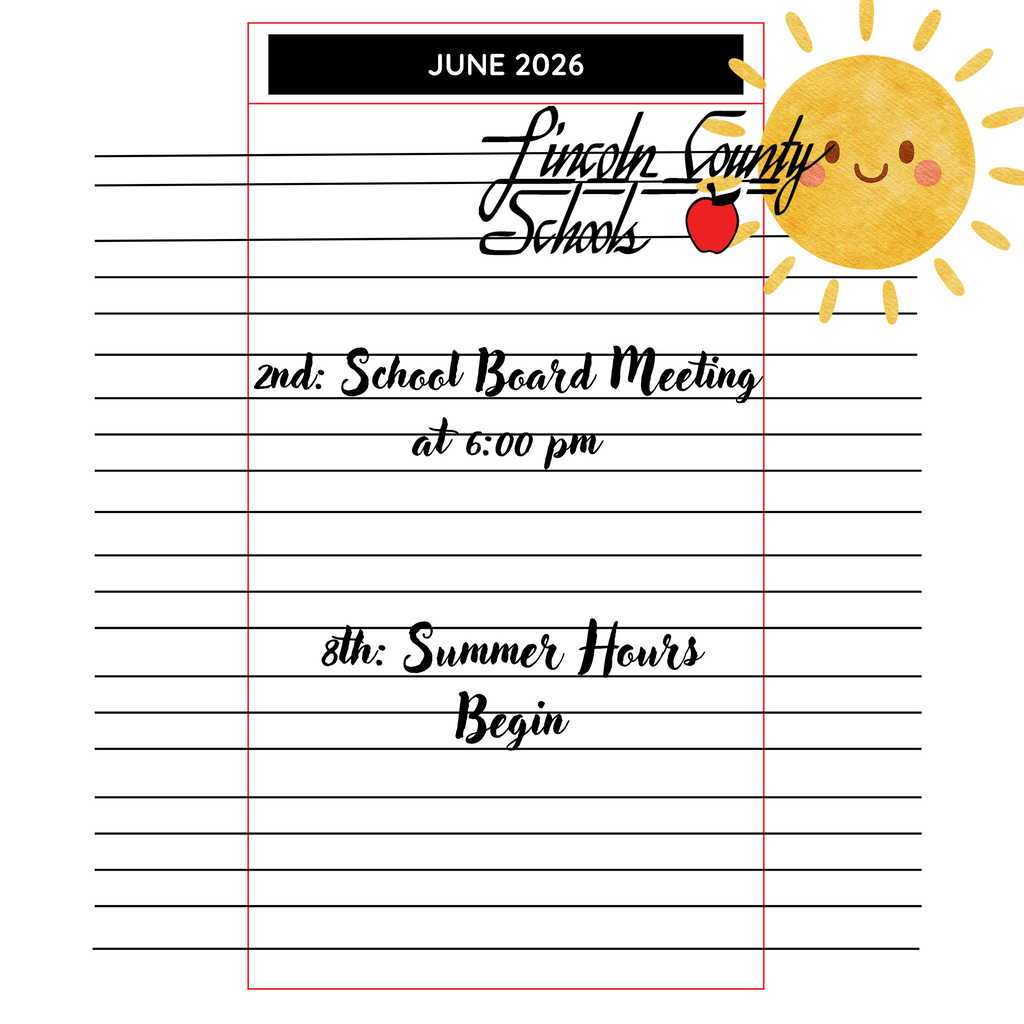 Document showing June 2026 events, including a school board meeting and summer hours. Sunny background with smiley face.