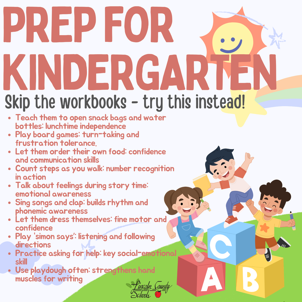 Poster with green background and colorful blocks reading "PREPARE FOR KINDERGARTEN" with activities for children.