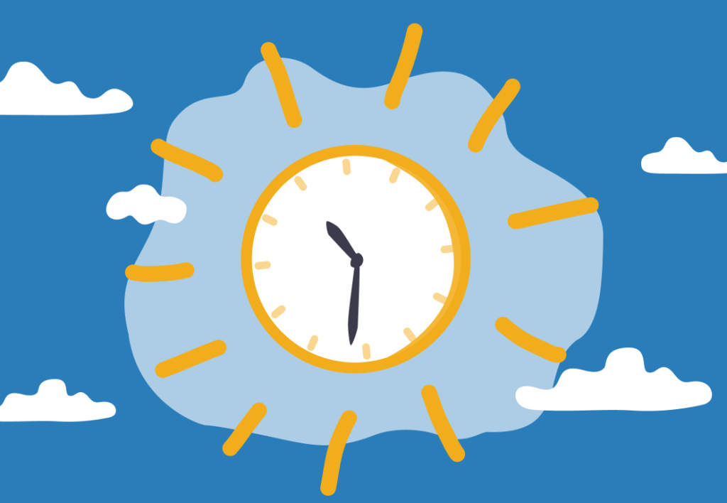 An illustrated clock with hands set at 12:00. Surrounding it are sun rays and clouds on a blue sky.