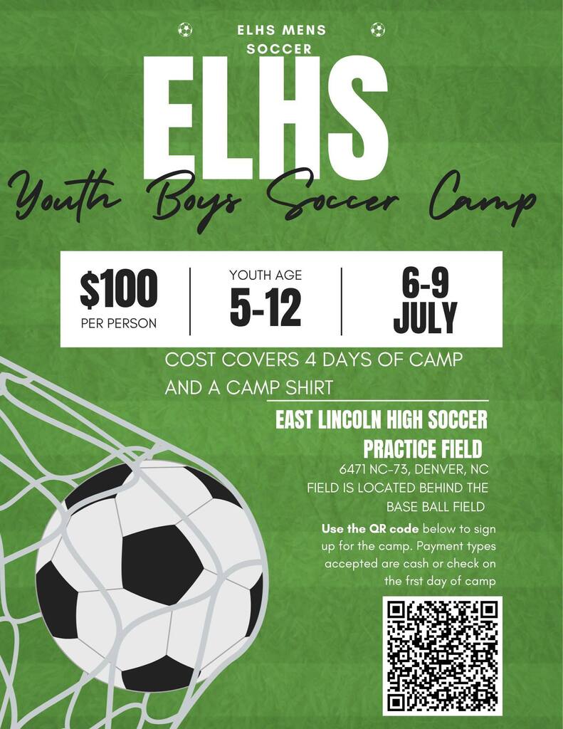A flyer for ELHS Youth Boys Soccer Camp. Features a soccer ball in a net, cost, and date details. QR code for sign-up.