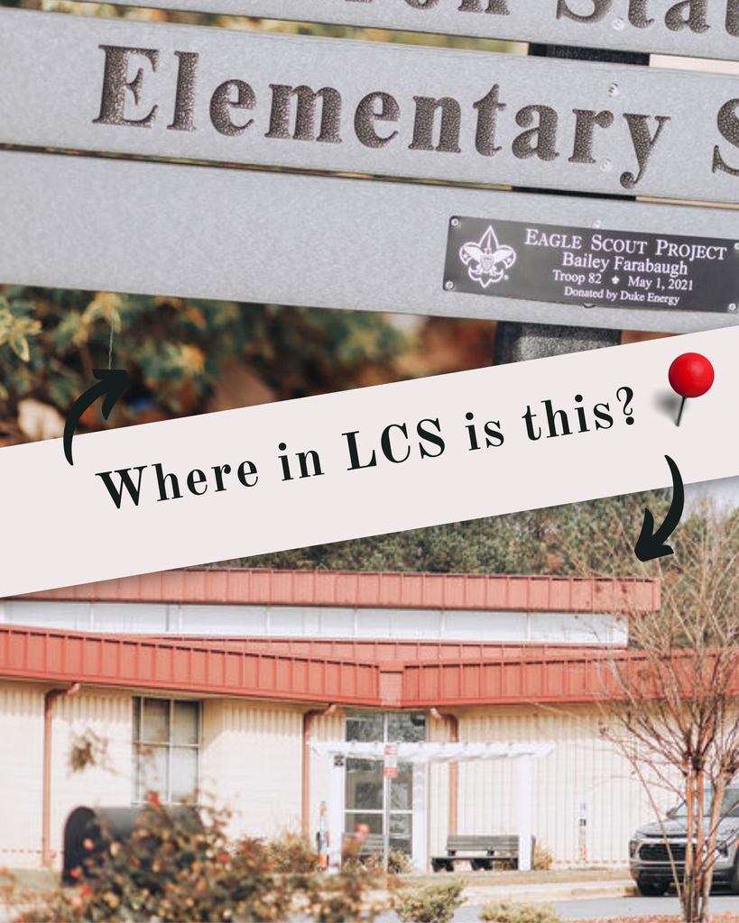 A school sign for an elementary school with a red pin and question mark, "Where in LCS is this?"