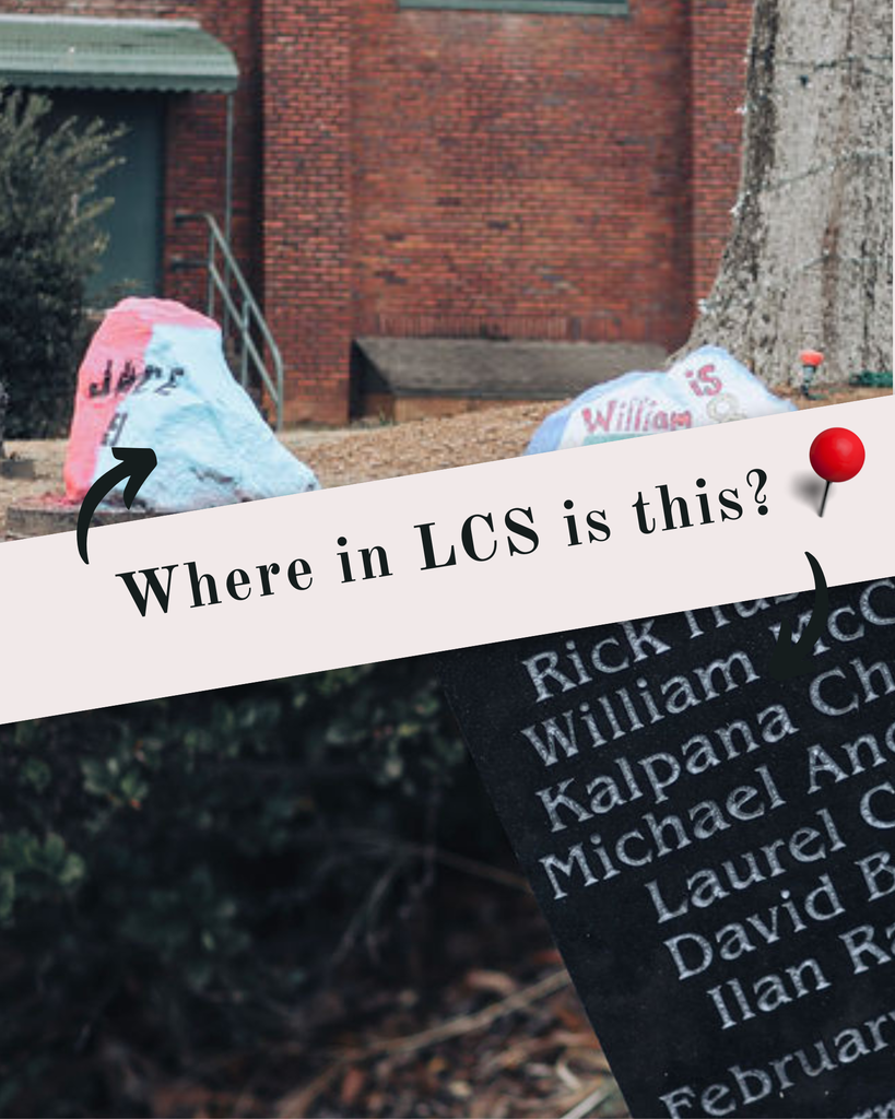 Brick building backdrop, two covered items, and a red pin with text "Where in LCS is this?" on a white border.