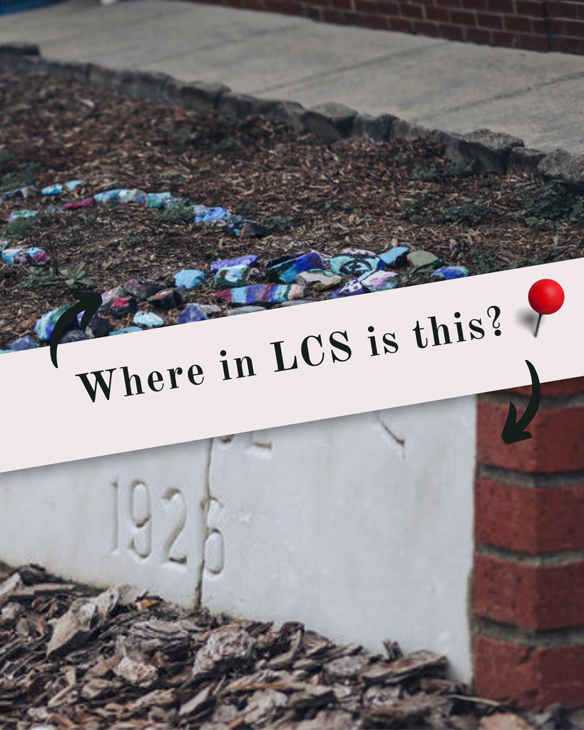 A sidewalk with a wall and scattered fabric pieces, a pin marked with "Where in LCS is this?", and a brick base.