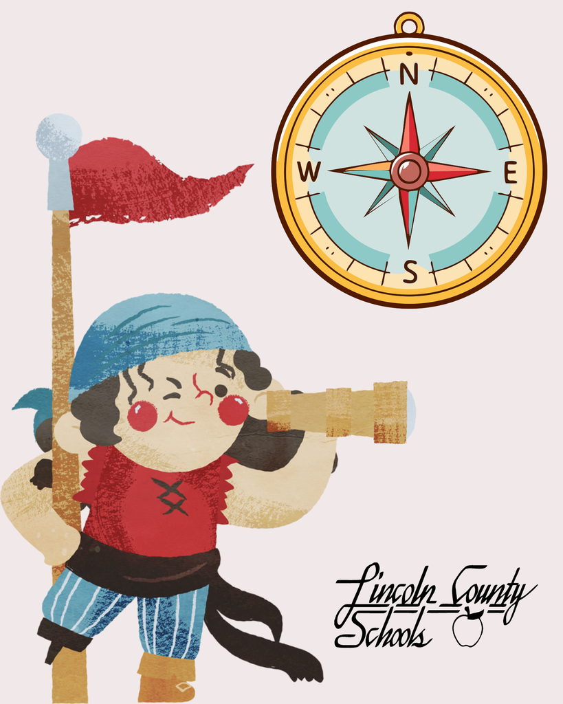 An illustration of a young person dressed as a pirate, holding a spyglass and a flag, with a compass in the background.