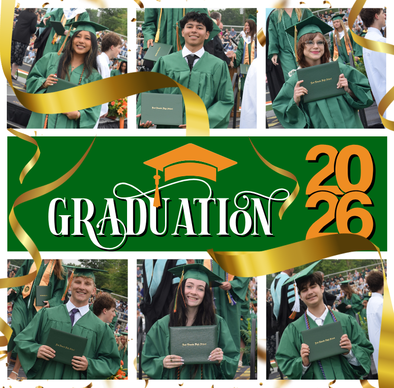 Collage of students in green gowns and caps with a golden ribbon around them, text "Graduation 2026" in center.