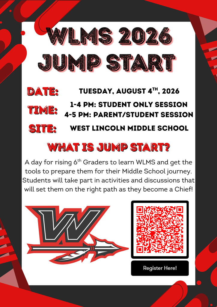 Poster with red and black background. Title "WLMS 2026 Jump Start" with date, time, and site. QR code and logo.