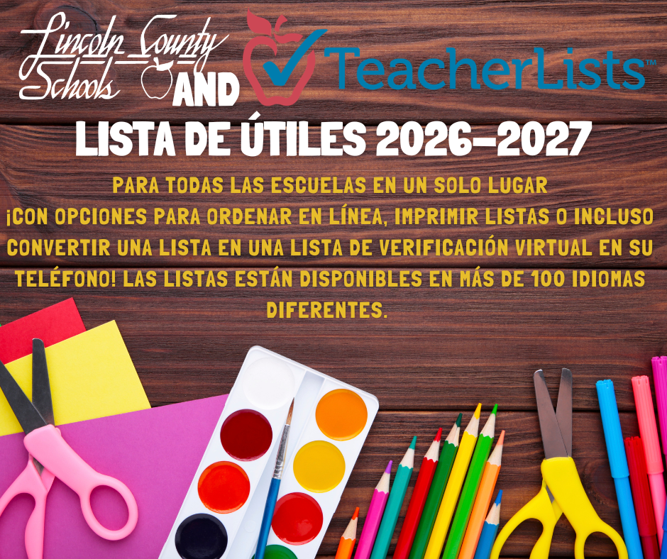 School supplies on a wooden background with a Spanish title "Lista de útiles 2026-2027". Items include scissors, pencils, and a paint palette.