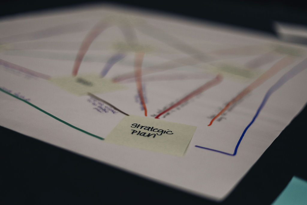 A white paper with colored lines and labeled sticky notes on a dark surface. Sticky note reads "Strategic Plan."