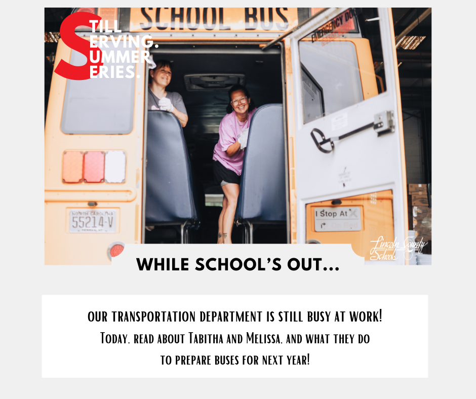 Two individuals are inside a yellow school bus, one standing by the open door. The text reads "While school's out..."