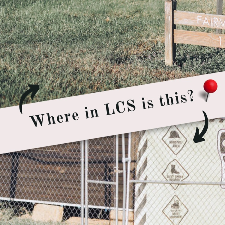A grassy field with a chain-link fence, a wooden sign reading "FAIRV", and a question "Where in LCS is this?" with a pin.