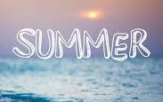 White text "SUMMER" in a wavy font over a blurred view of an ocean and a setting sun.