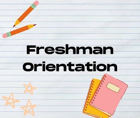White page with lined paper background, featuring "Freshman Orientation" in bold letters. Two pencils, a notebook, and star stickers are placed around the text.