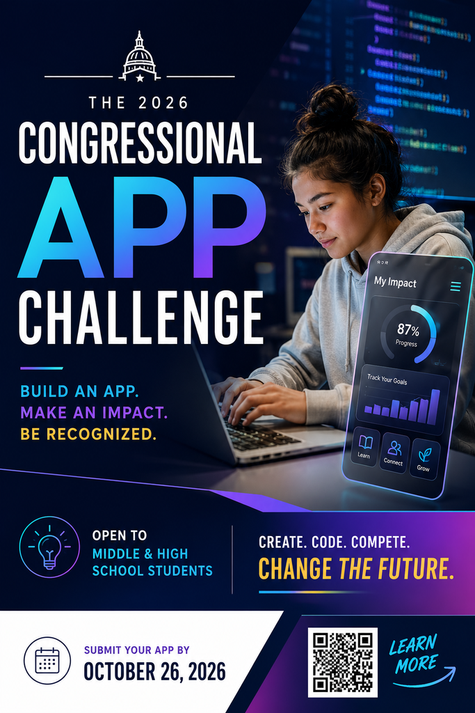 A person sitting at a laptop, screen displaying a smartphone with an app. Text reads "The 2026 Congressional App Challenge."