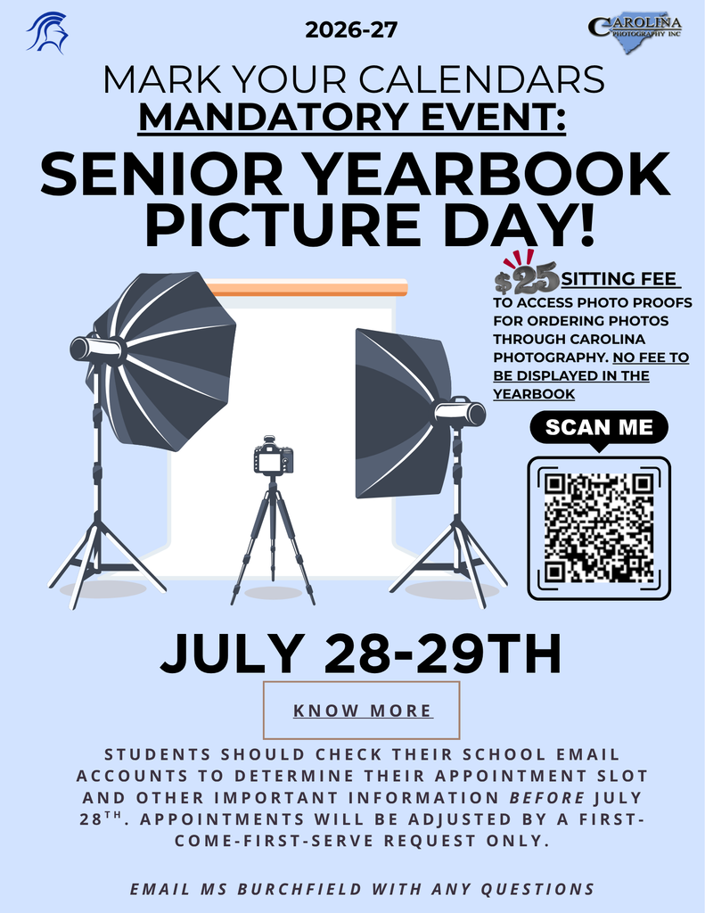 A poster displays an illustration of a photo studio. Text reads: "Mark your calendars: Senior yearbook picture day July 28-29th."