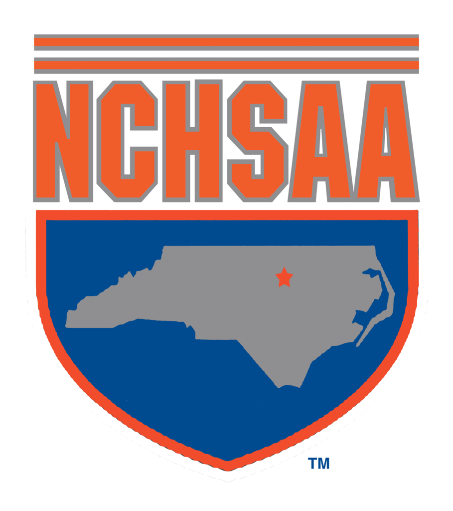 Blue shield with white and orange trim. Inside, the state of North Carolina in gray with a red star. "NCHS" above.