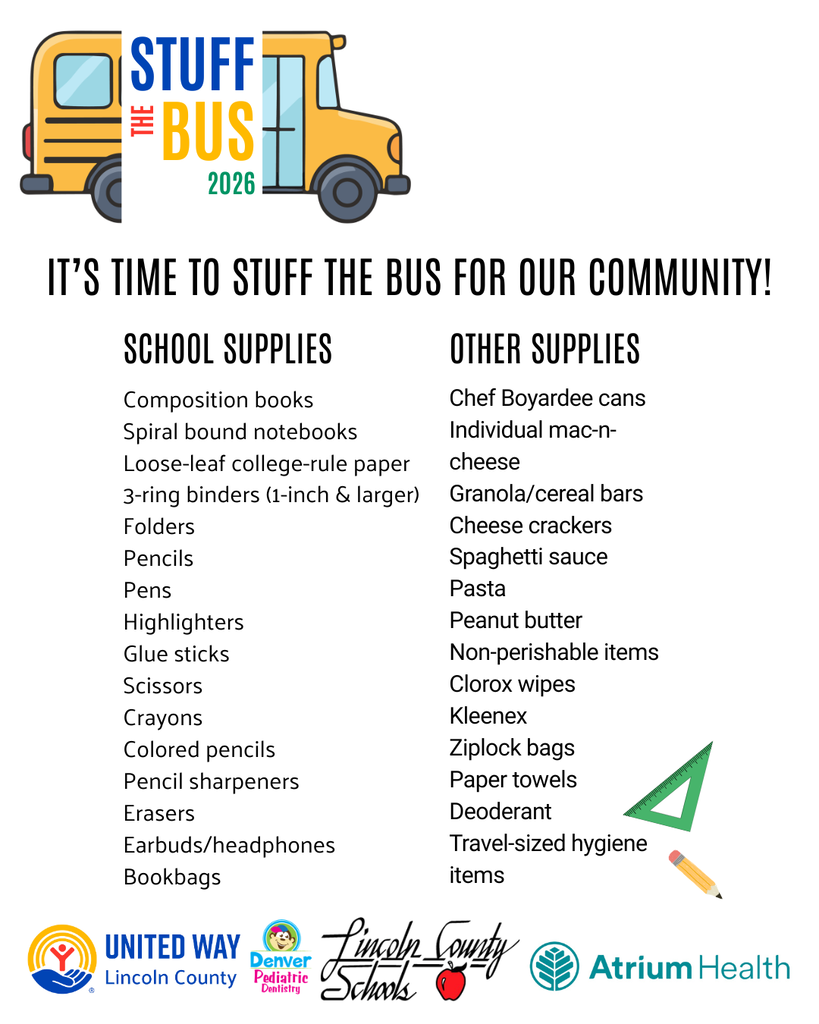 Advertisement poster with a yellow school bus and text. It includes a list of school supplies and other supplies.