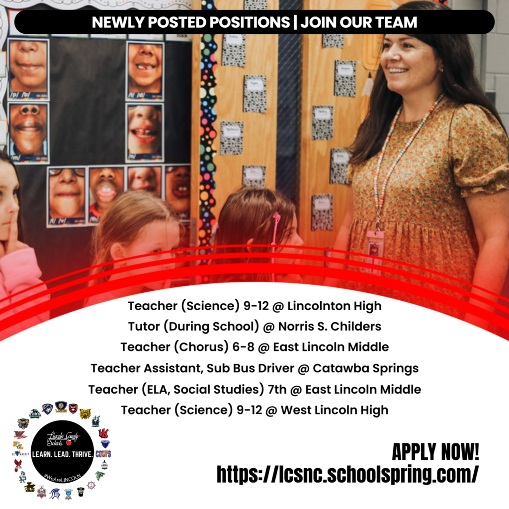 An adult woman teaching a classroom with a bulletin board of faces in the background. Text reads "Newly Posted Positions."