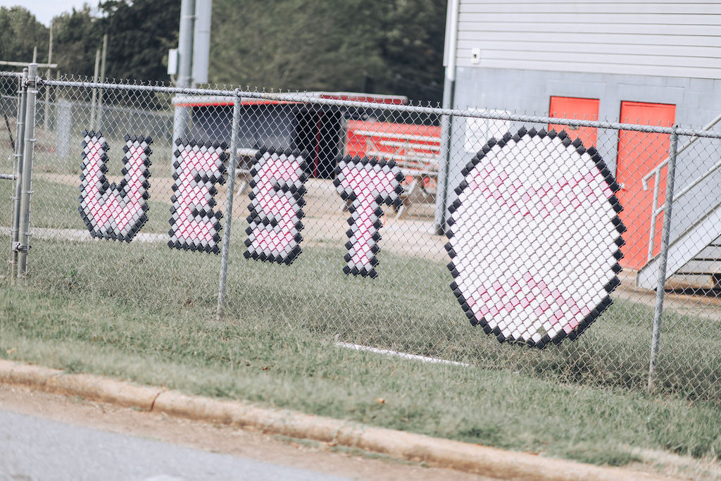 A metal fence with large pink and white letters spelling "VEST" and a round design with a baseball image.