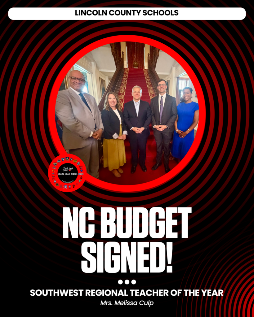 A group of formally dressed people pose on a red carpet. Text reads "NC Budget Signed!" and "Southwest Regional Teacher of the Year."