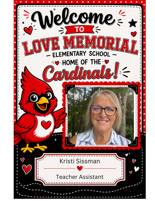 An advertisement features a woman in glasses, smiling. A red cardinal is in the corner. Text reads: "Welcome to Love Memorial Elementary School - Home of the Cardinals!"
