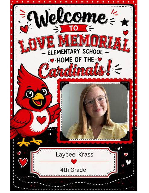 Bright red and white card with black and white border. A red bird with a heart on its chest. Photo of a smiling girl. Text reads "Welcome to Love Memorial Elementary School."