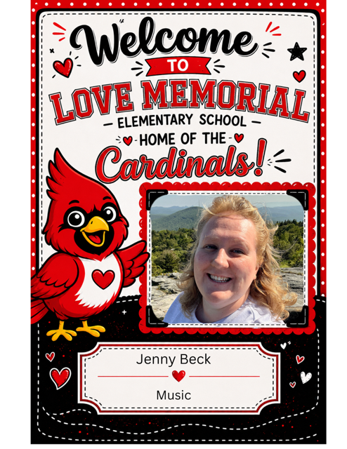 Red and white card displays "Welcome to Love Memorial Elementary School, home of the Cardinals!" Features a red bird and a woman with blonde hair.