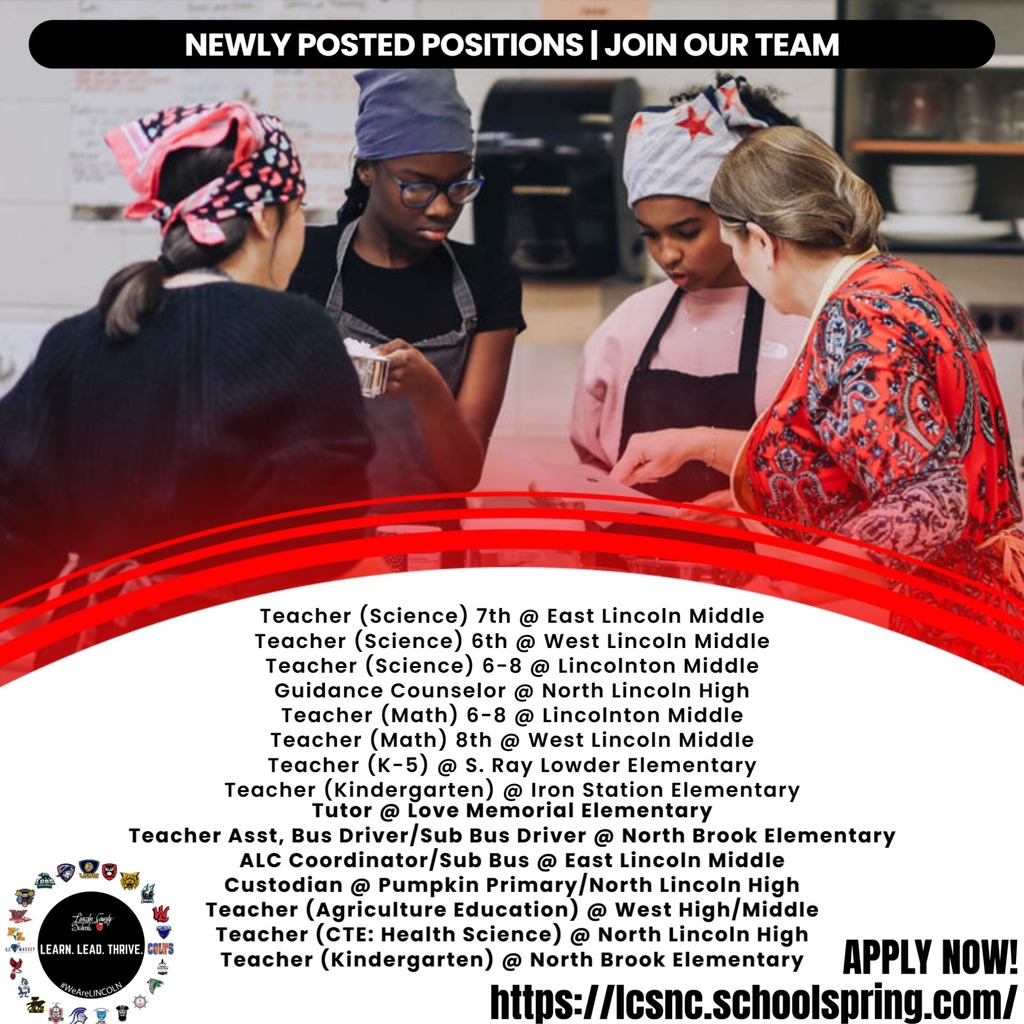 An advertisement for various teaching positions. Four women, wearing aprons and headscarves, look over a food display.