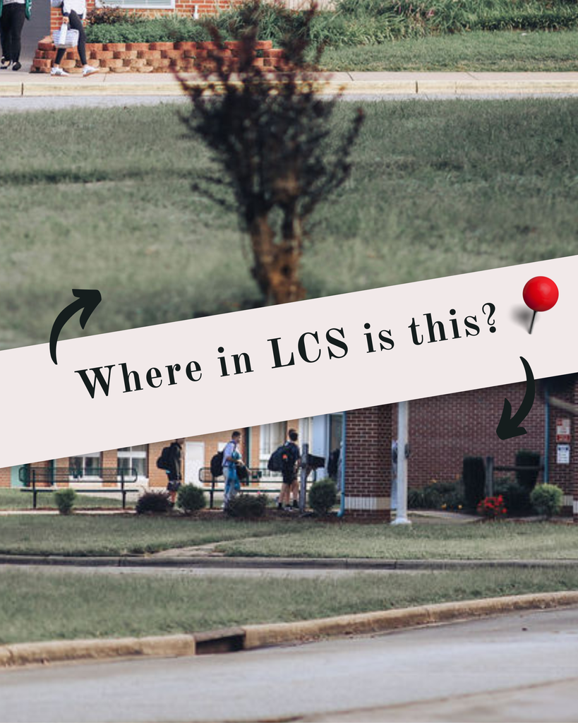 Split photo of a campus scene with students walking; red pin on right side and text "Where in LCS is this?"
